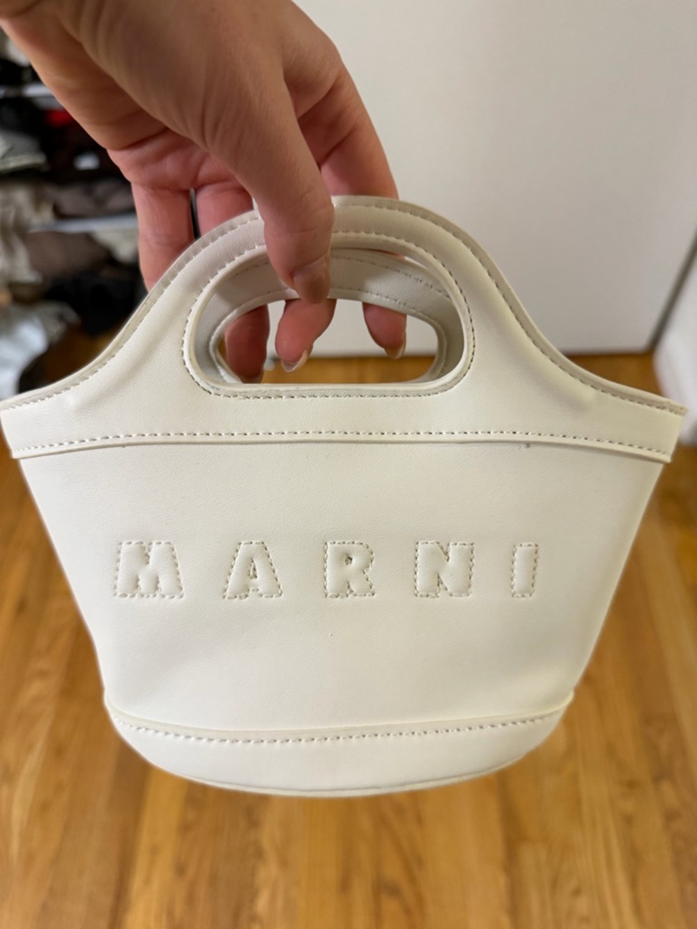 Marni Cream Mini Leather Tote with Cutout Handles